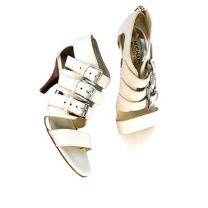 MICHAEL KORS Tripple Buckle Open Toe Leather Pumps Zip Sandals Off White